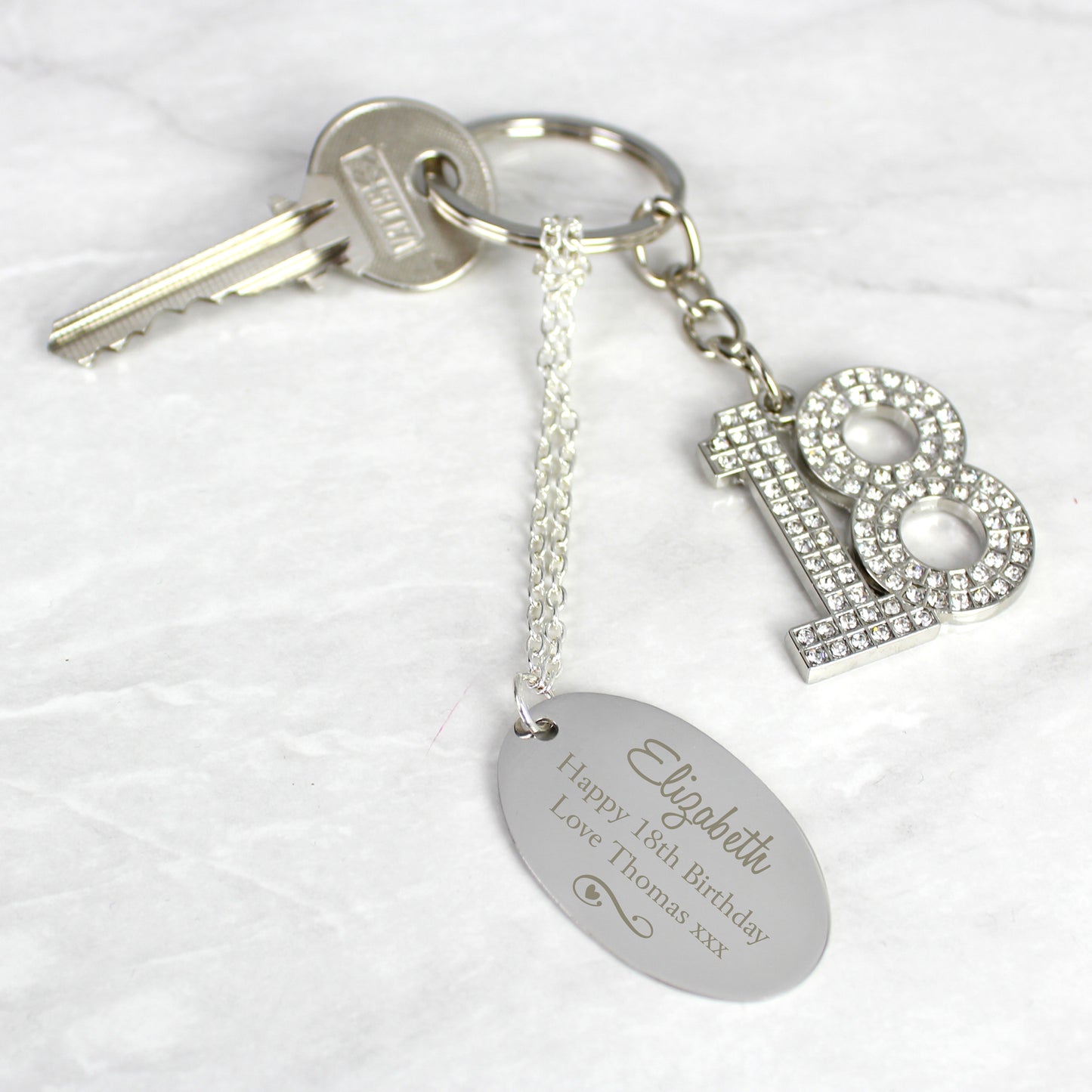 Personalised Swirls & Hearts Diamante 18 Keyring