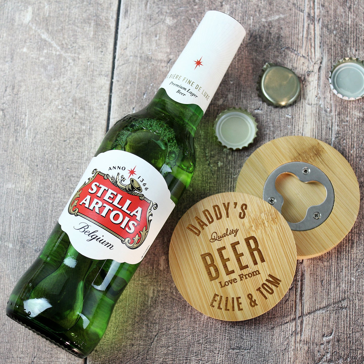 Personalised Free Text Bamboo Bottle Opener Coaster and Beer Set