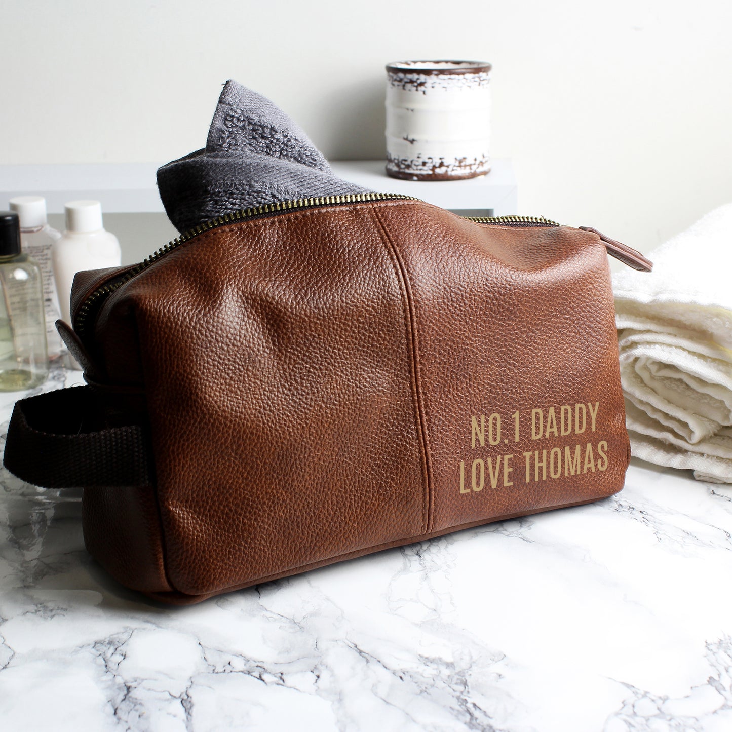 Personalised Luxury Brown leatherette Wash Bag