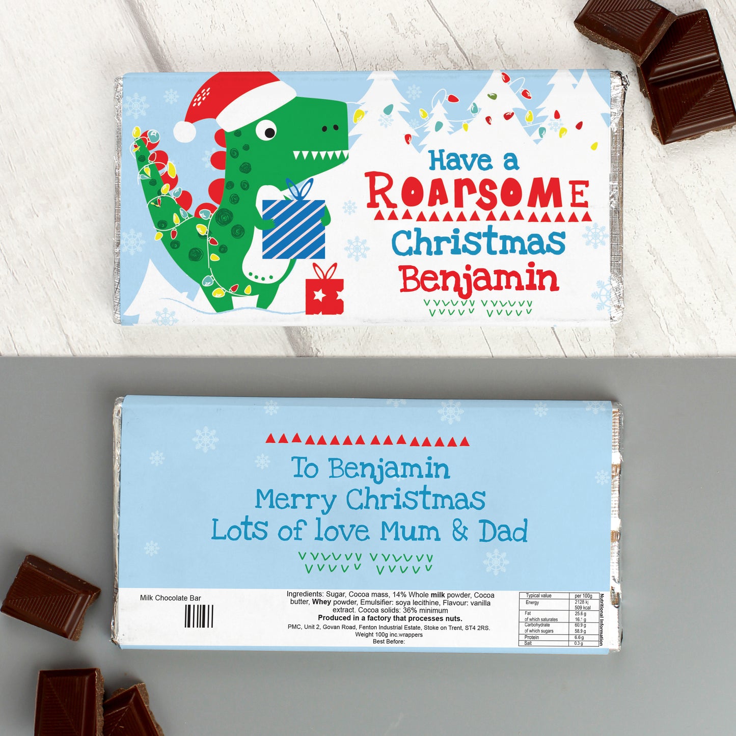 Personalised Dinosaur 'Have a Roarsome Christmas' Milk Chocolate Bar