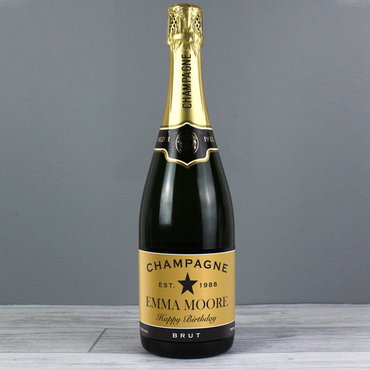 Personalised Black and Gold Label Bottle of Champagne