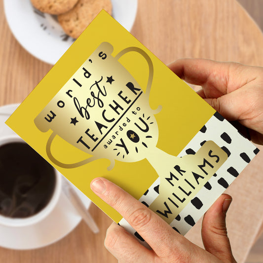 Personalised World's Best Teacher Trophy Greeting Card