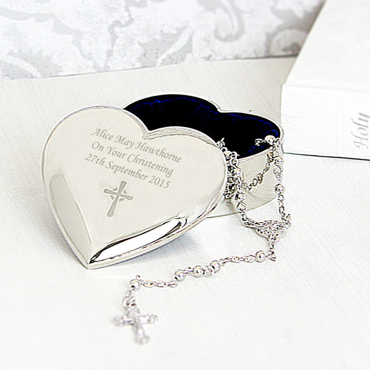 Personalised Rosary Beads and Cross Heart Trinket Box