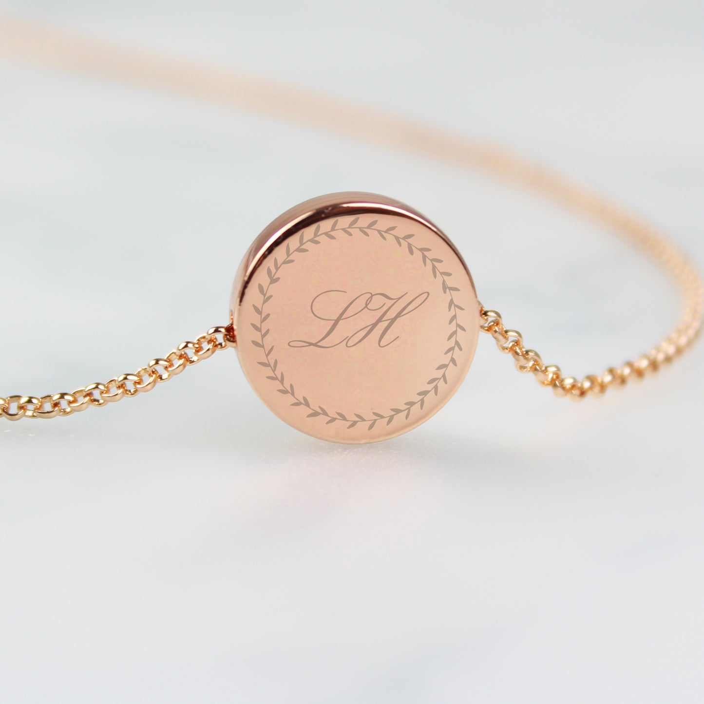 Personalised Wreath Initials Rose Gold Tone Disc Necklace