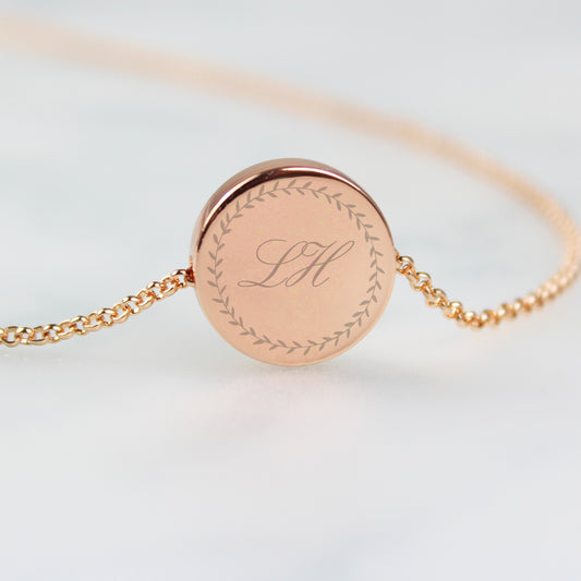 Personalised Wreath Initials Rose Gold Tone Disc Necklace