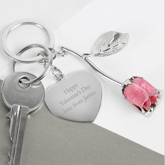 Personalised Silver Plated Pink Rose Keyring