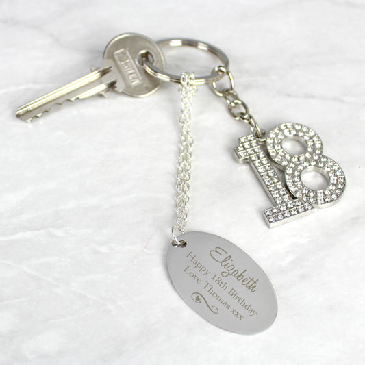 Personalised Swirls & Hearts Diamante 18 Keyring