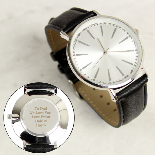 Personalised Silver with Black Leather Strap Watch