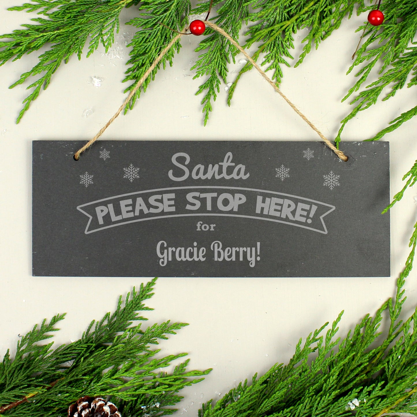 Personalised Santa Please Stop Here... Hanging Slate Plaque