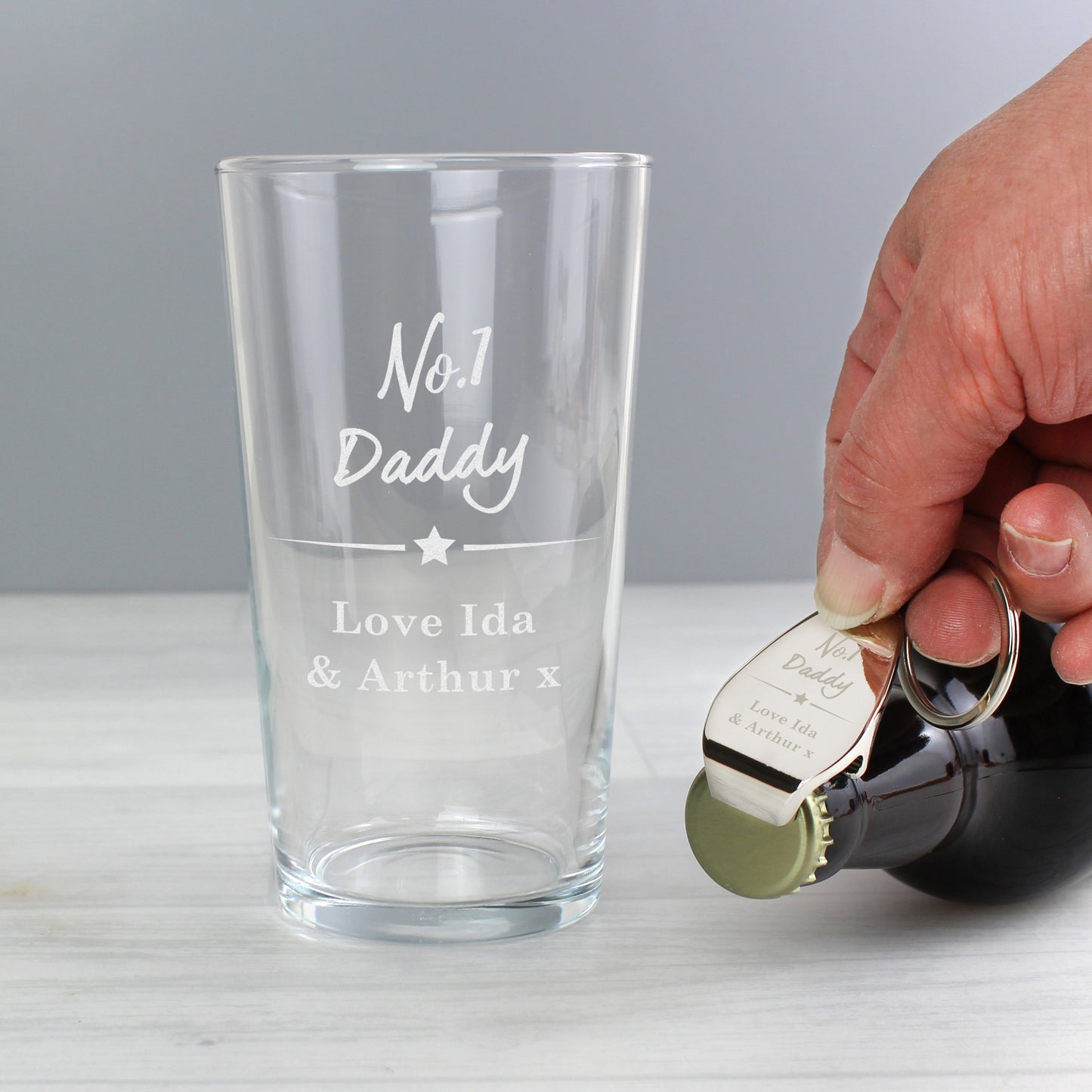 Personalised No.1 Pint glass & Bottle Opener Set