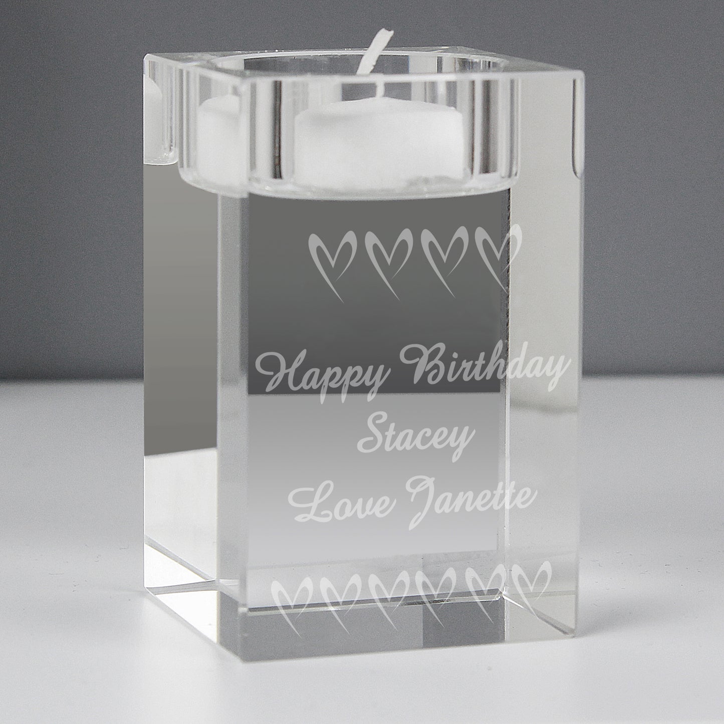 Personalised Small Hearts Glass Tea Light Candle Holder