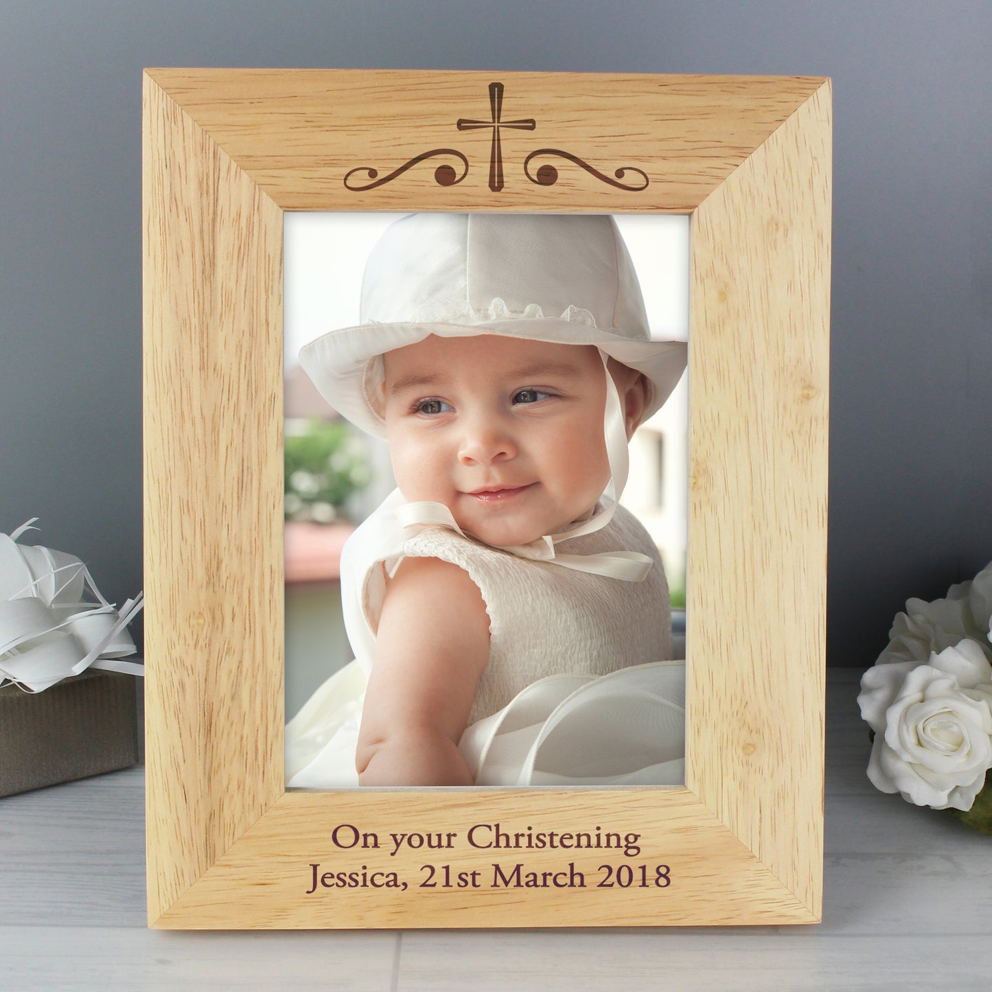 Personalised Religious Swirl 5x7 Wooden Photo Frame