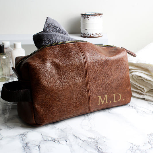 Personalised Luxury Initials Brown Leatherette Wash Bag