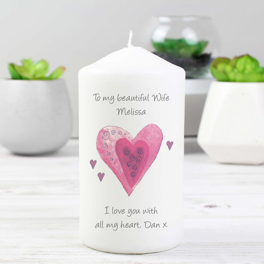 Personalised Hearts Pillar Candle