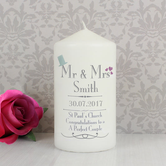 Personalised Decorative Wedding Mr & Mrs Pillar Candle