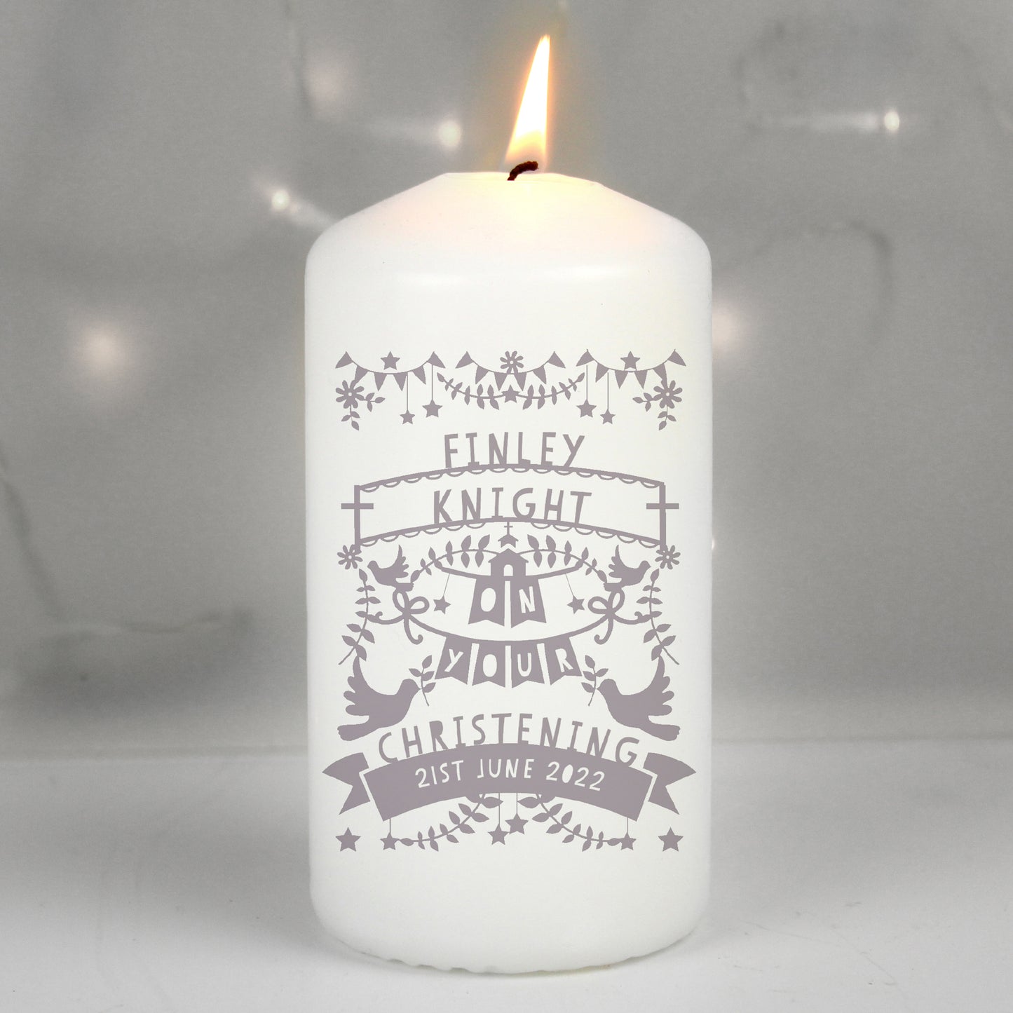 Personalised Grey Papercut Style Pillar Candle