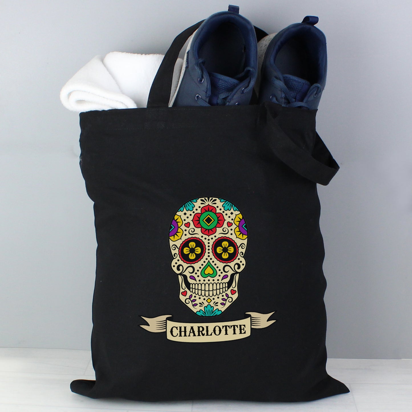 Personalised Sugar Skull Black Cotton Bag