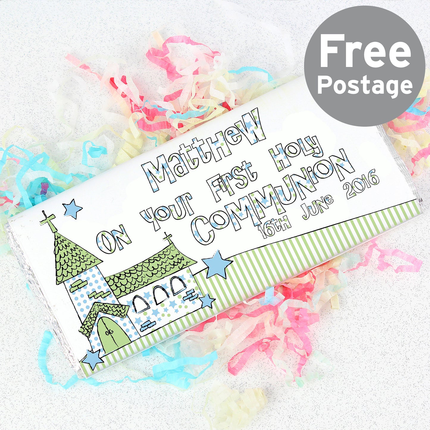 Personalised Whimsical Church Blue 1st Holy Communion Milk Chocolate Bar