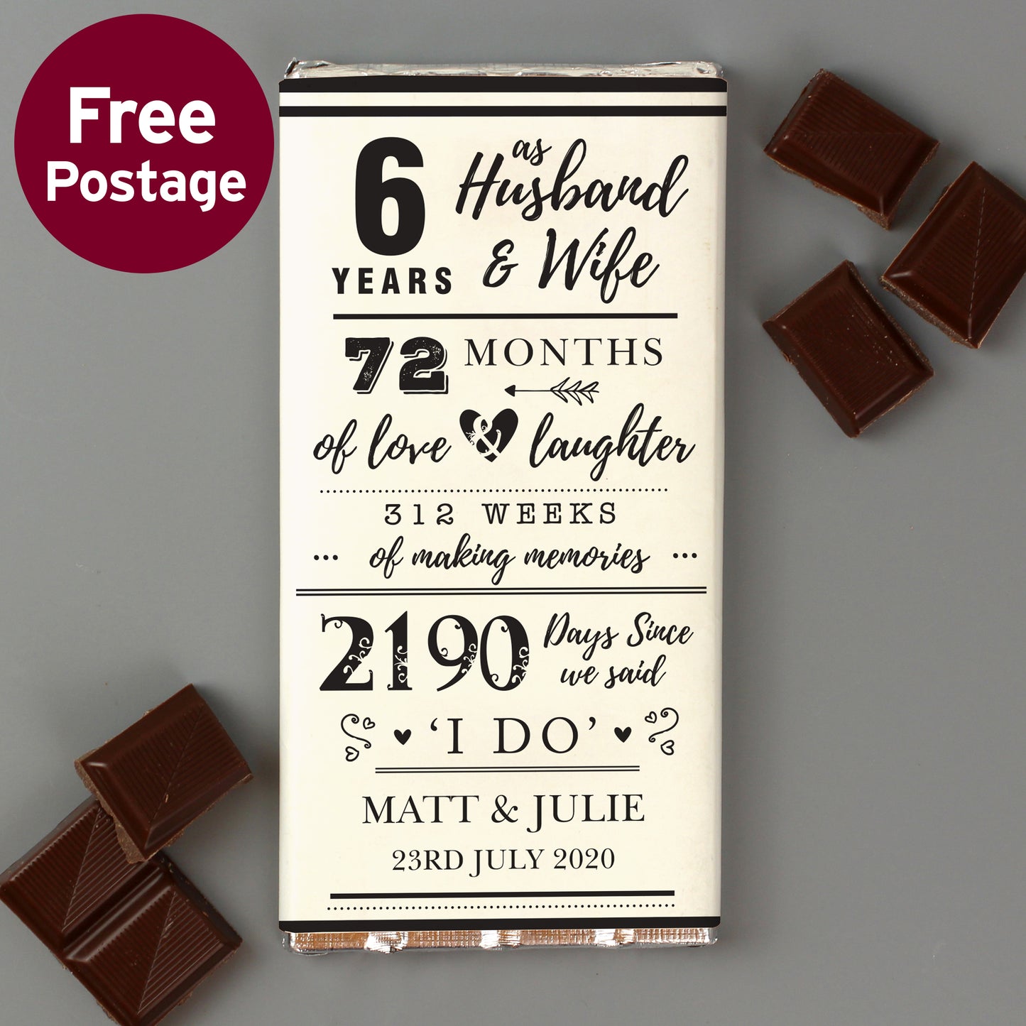 Personalised 6th Anniversary Milk Chocolate Bar
