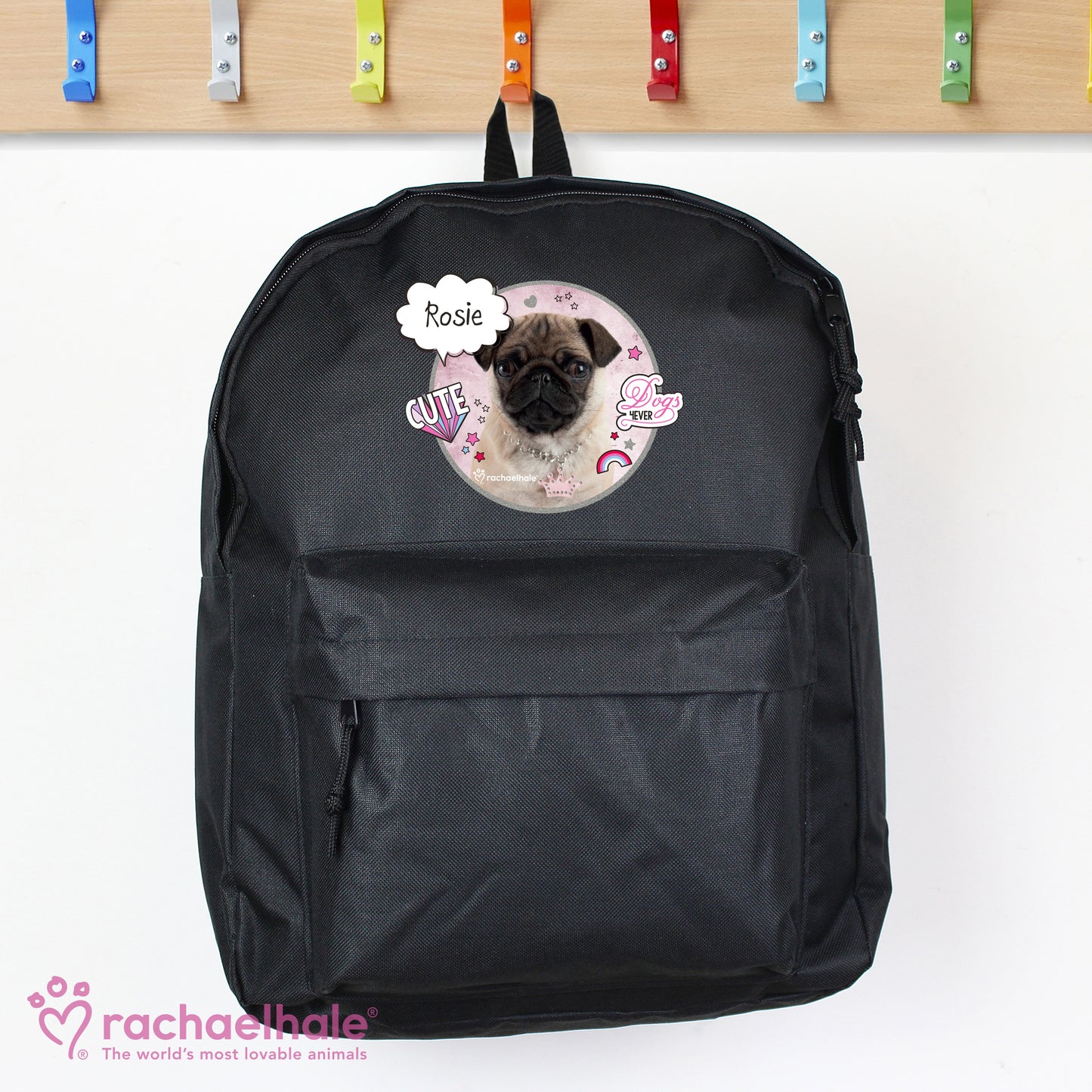 Personalised Rachael Hale Doodle Pug Black Backpack