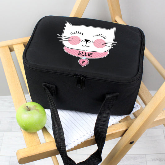 Personalised Cute Cat Black Lunch Bag