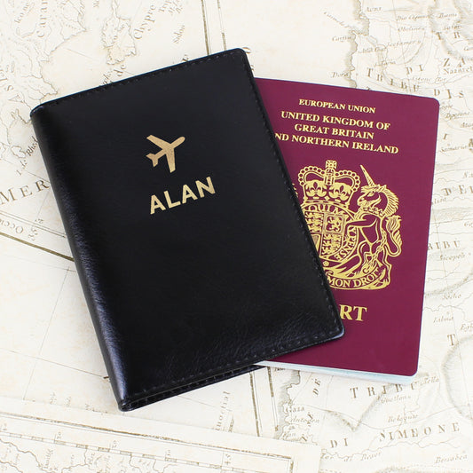 Personalised Gold Name Black Passport Holder