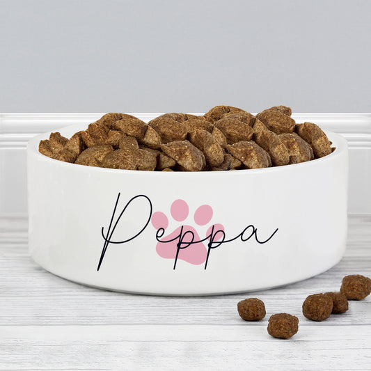 Personalised Pink Paw Print Name 14cm Medium Pet Bowl