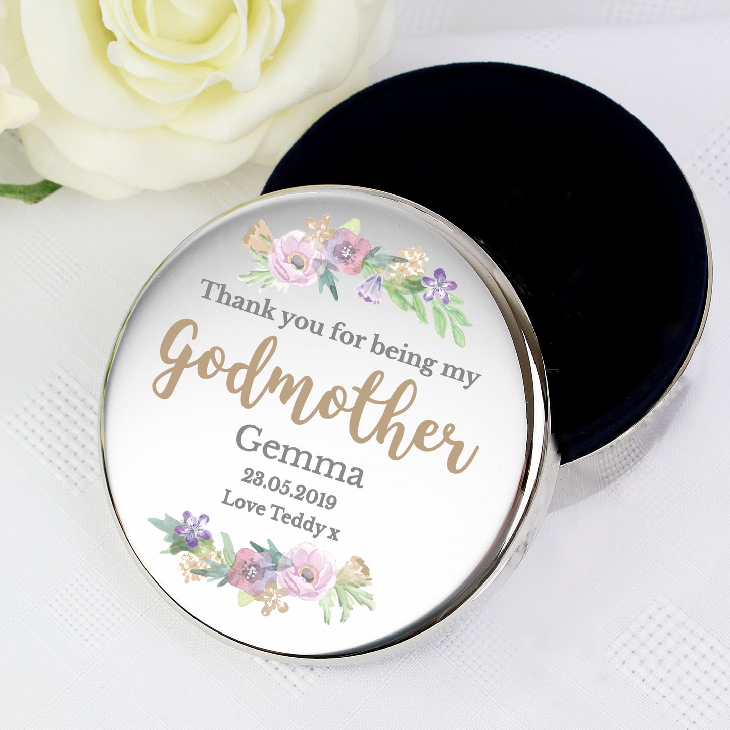 Personalised Godmother 'Floral Watercolour' Round Trinket Box