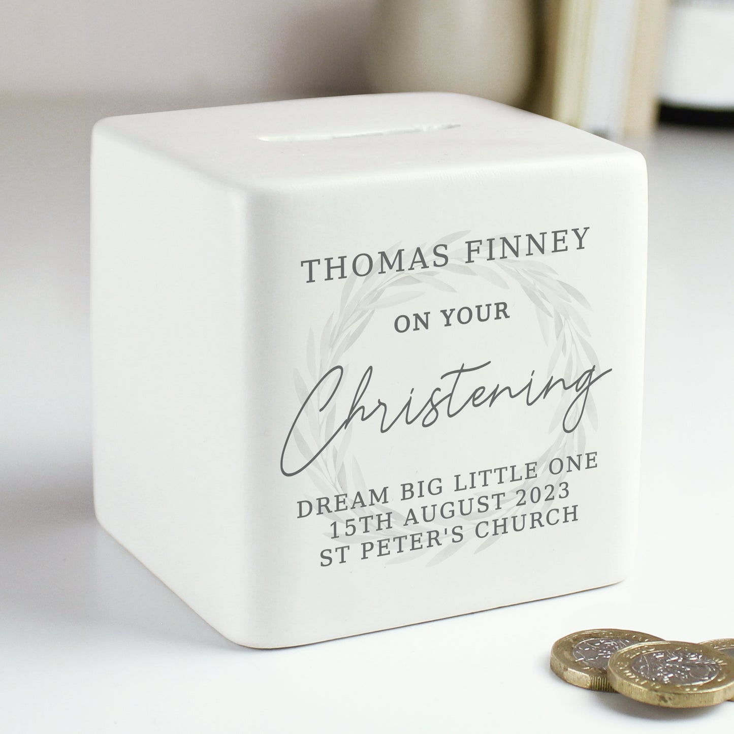 Personalised Christening Ceramic Square Money Box