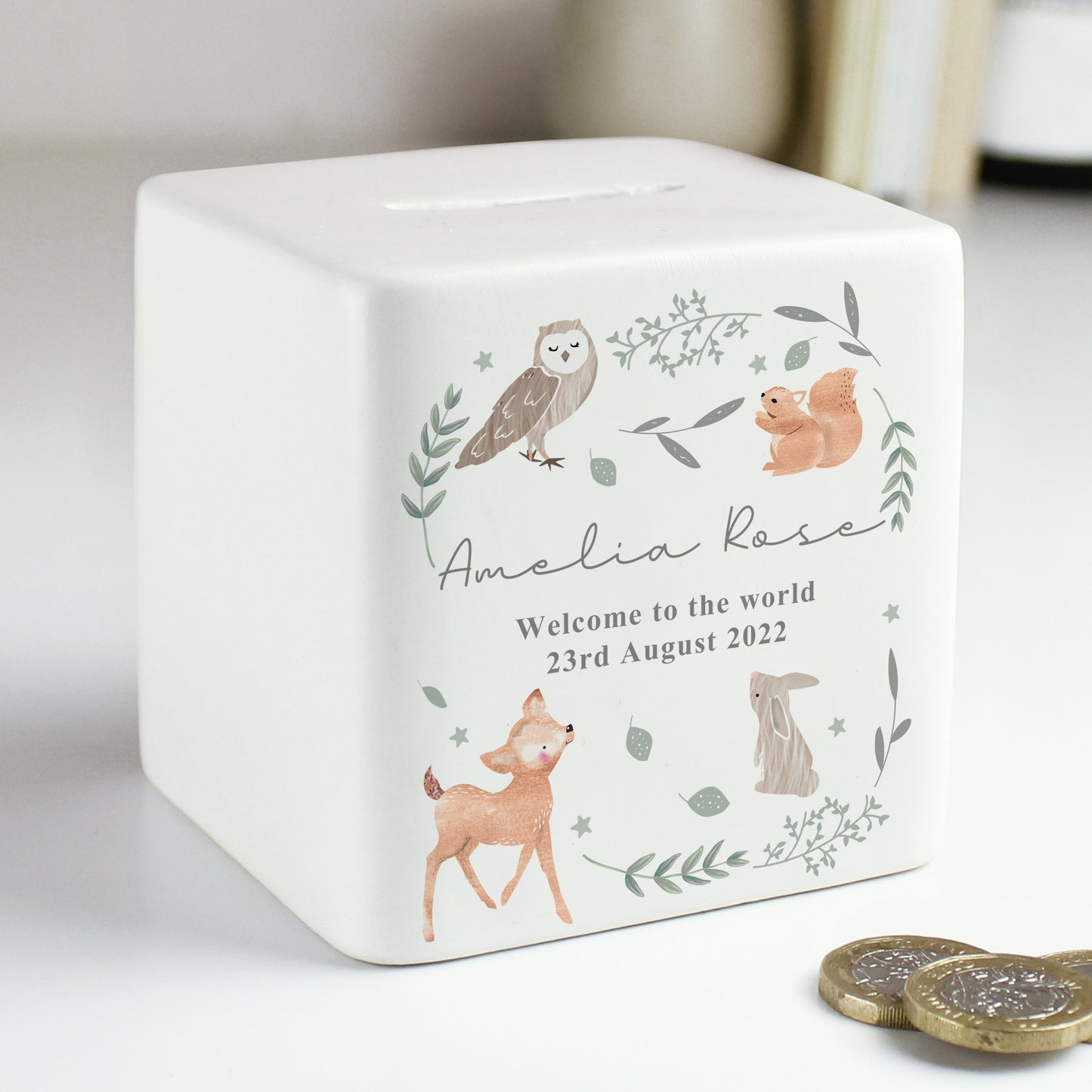 Personalised Woodland Animals Ceramic Square Money Box