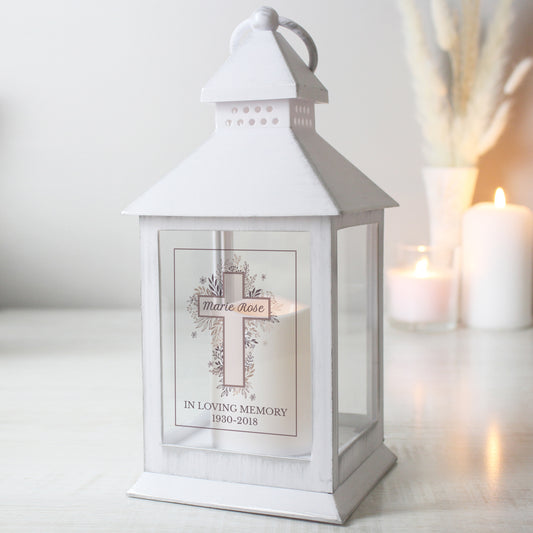 Personalised Floral Cross White Lantern