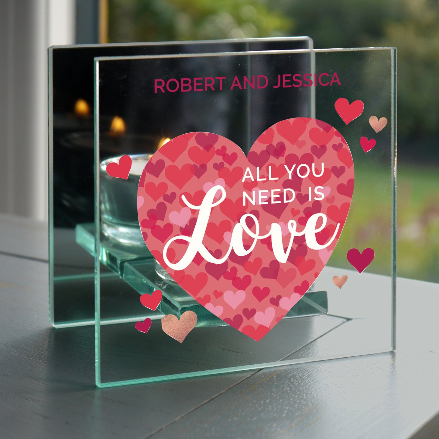 Personalised 'All You Need is Love' Confetti Hearts Glass Tea Light Candle Holder