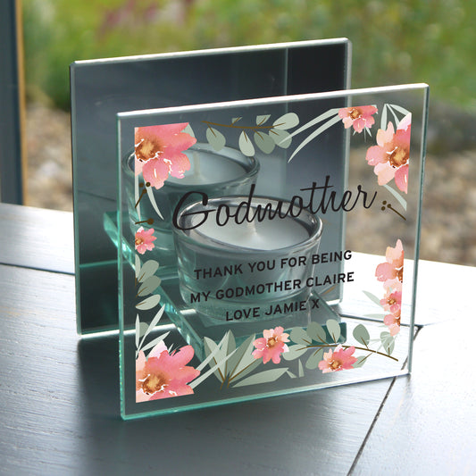 Personalised Floral Sentimental Mirrored Glass Tea Light Candle Holder