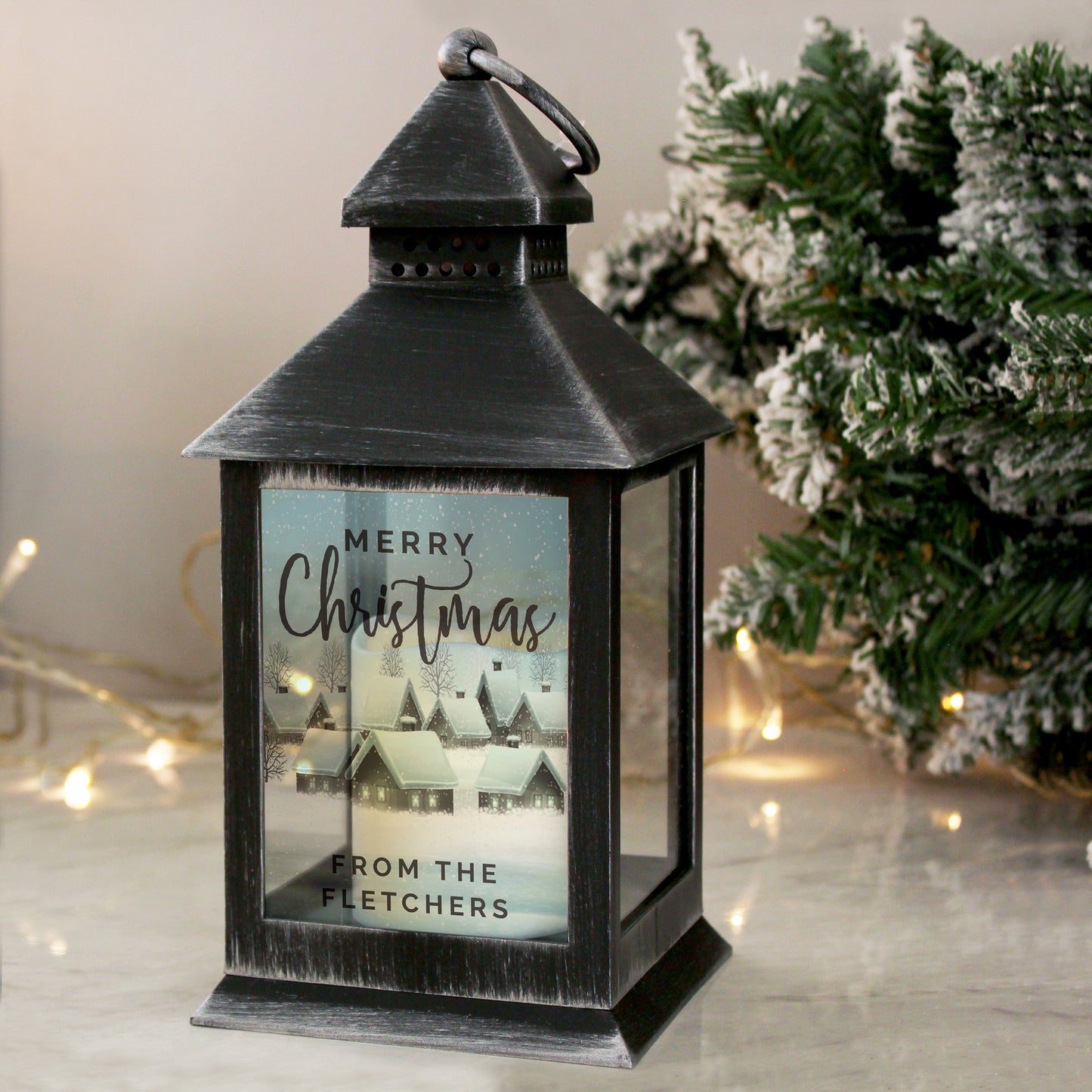 Personalised Town Christmas Rustic Black Lantern