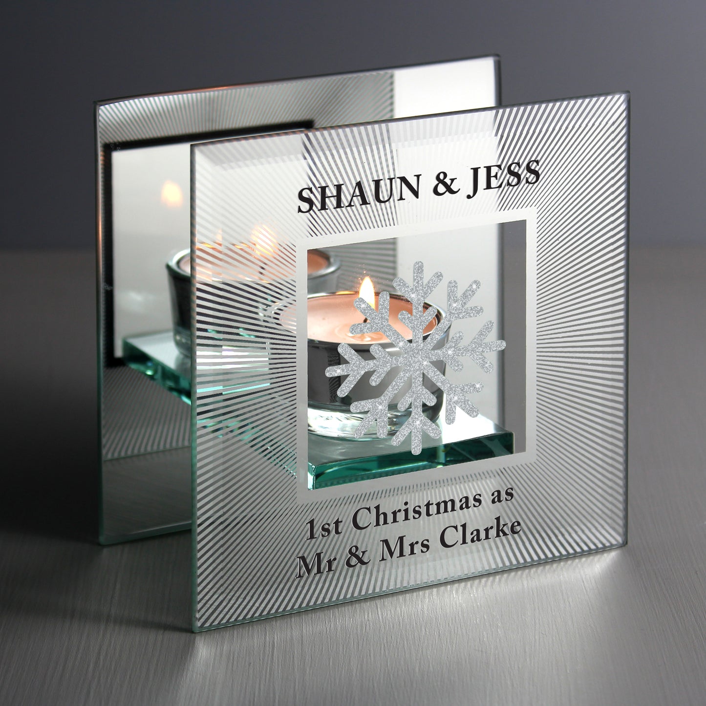 Personalised Snowflake Silver Glitter Tea Light Holder