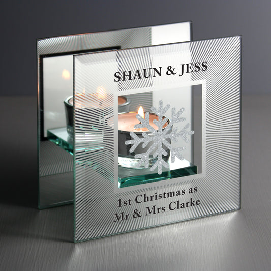 Personalised Snowflake Silver Glitter Tea Light Holder