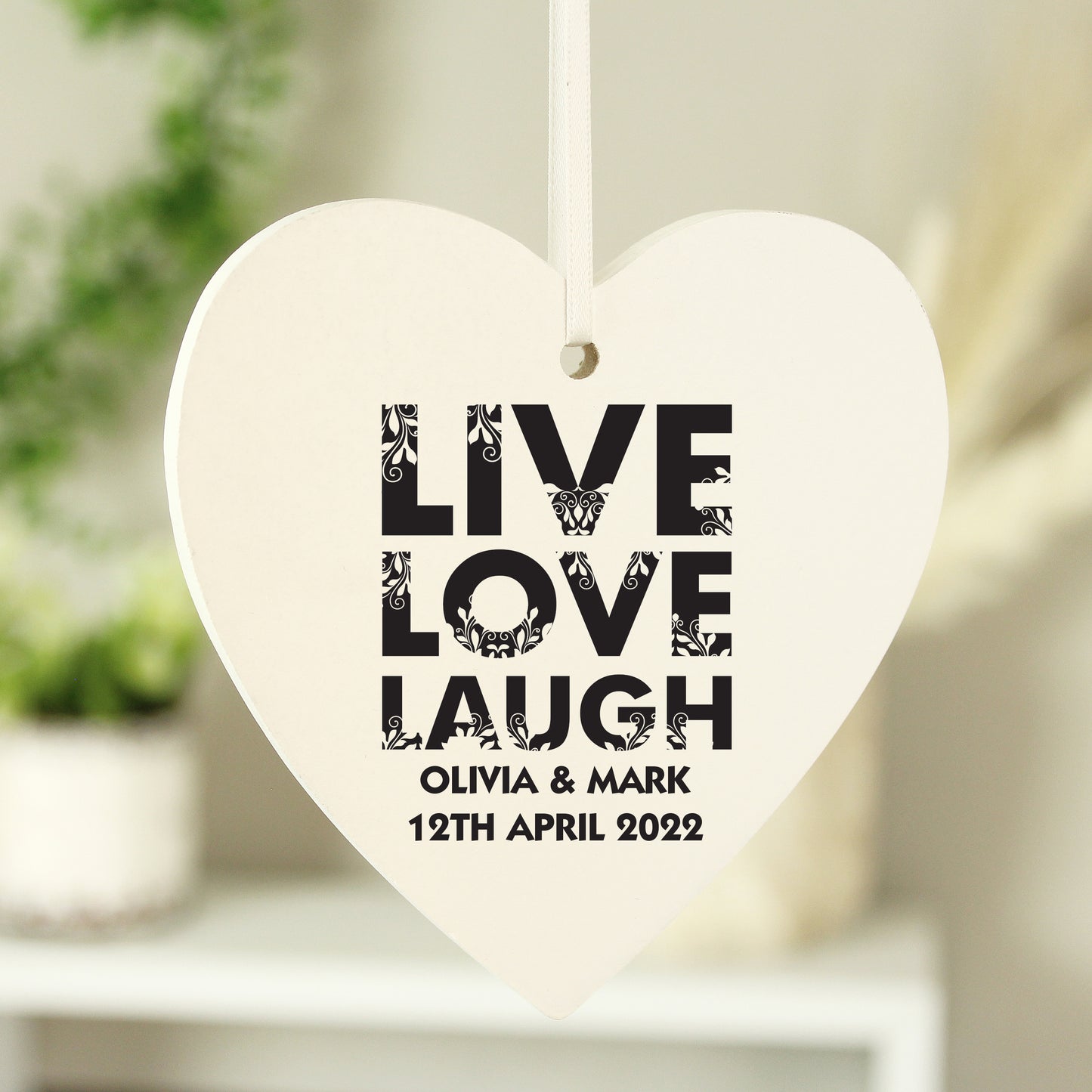 Personalised Live Love Laugh Wooden Heart Decoration