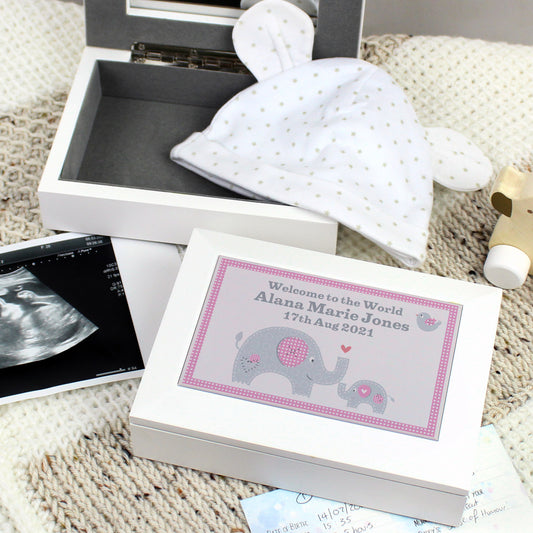 Personalised Pink Baby Elephant White Wooden Keepsake Box