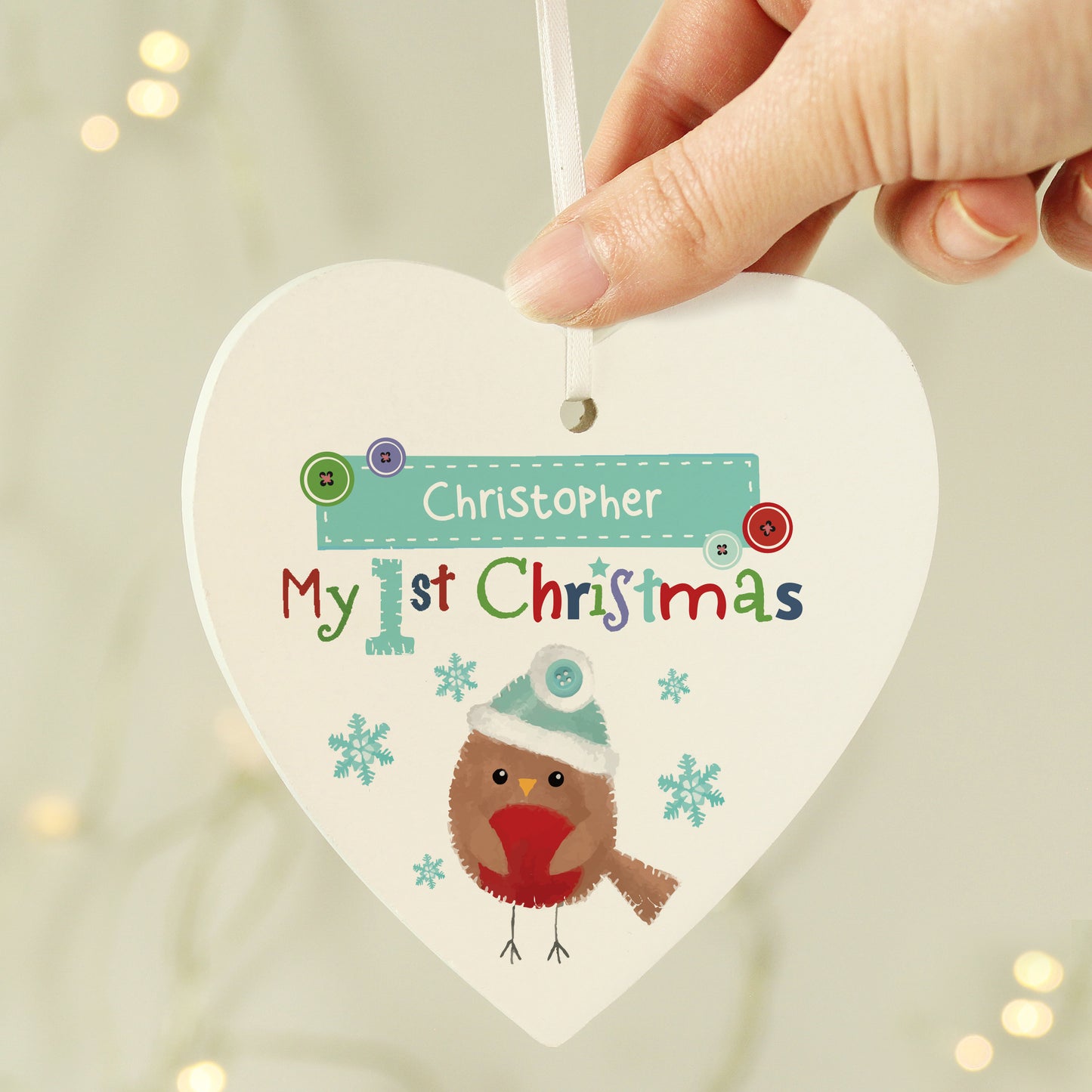 Personalised Felt Stitch Robin 'My 1st Christmas' Wooden Heart Decoration