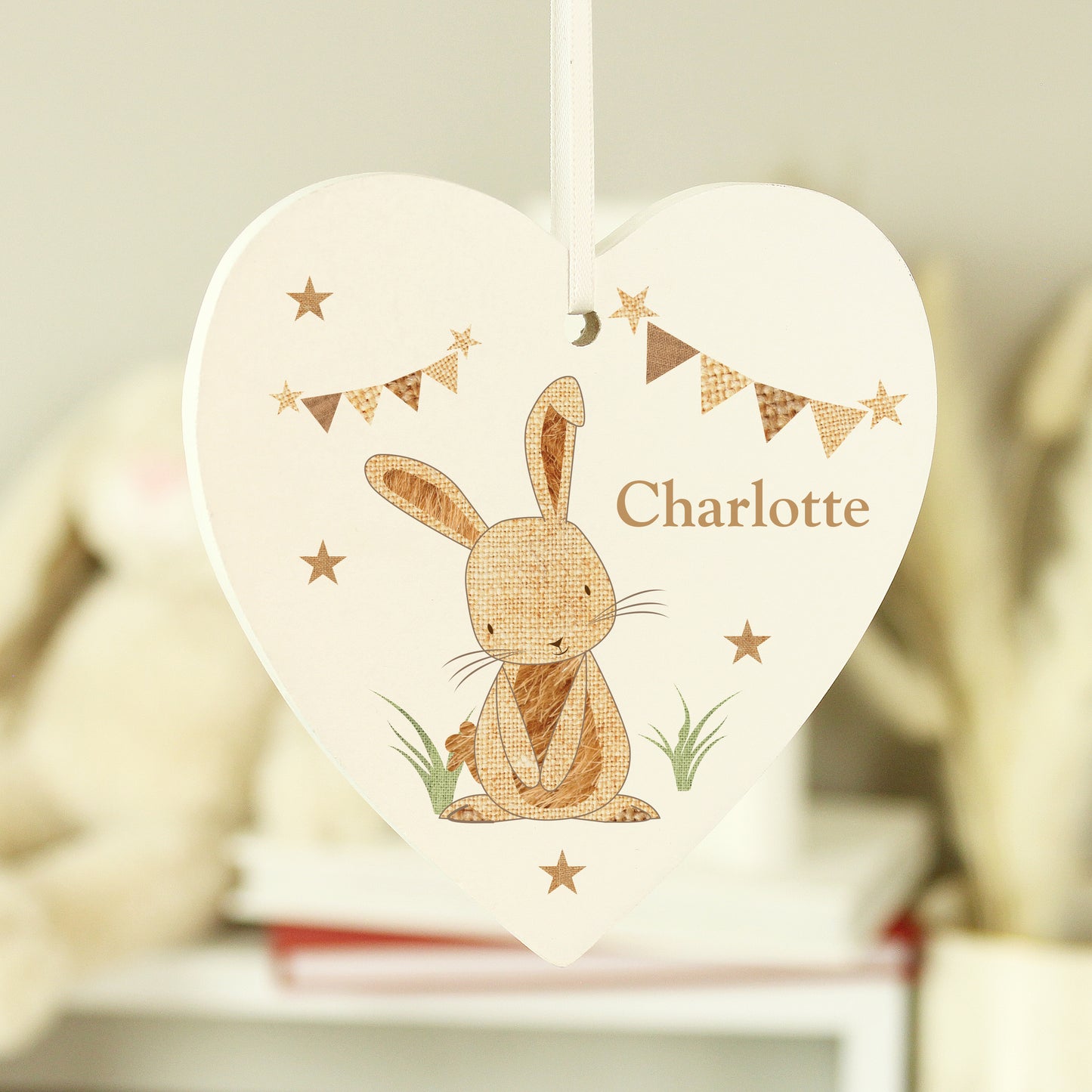 Personalised Hessian Rabbit Wooden Heart Decoration