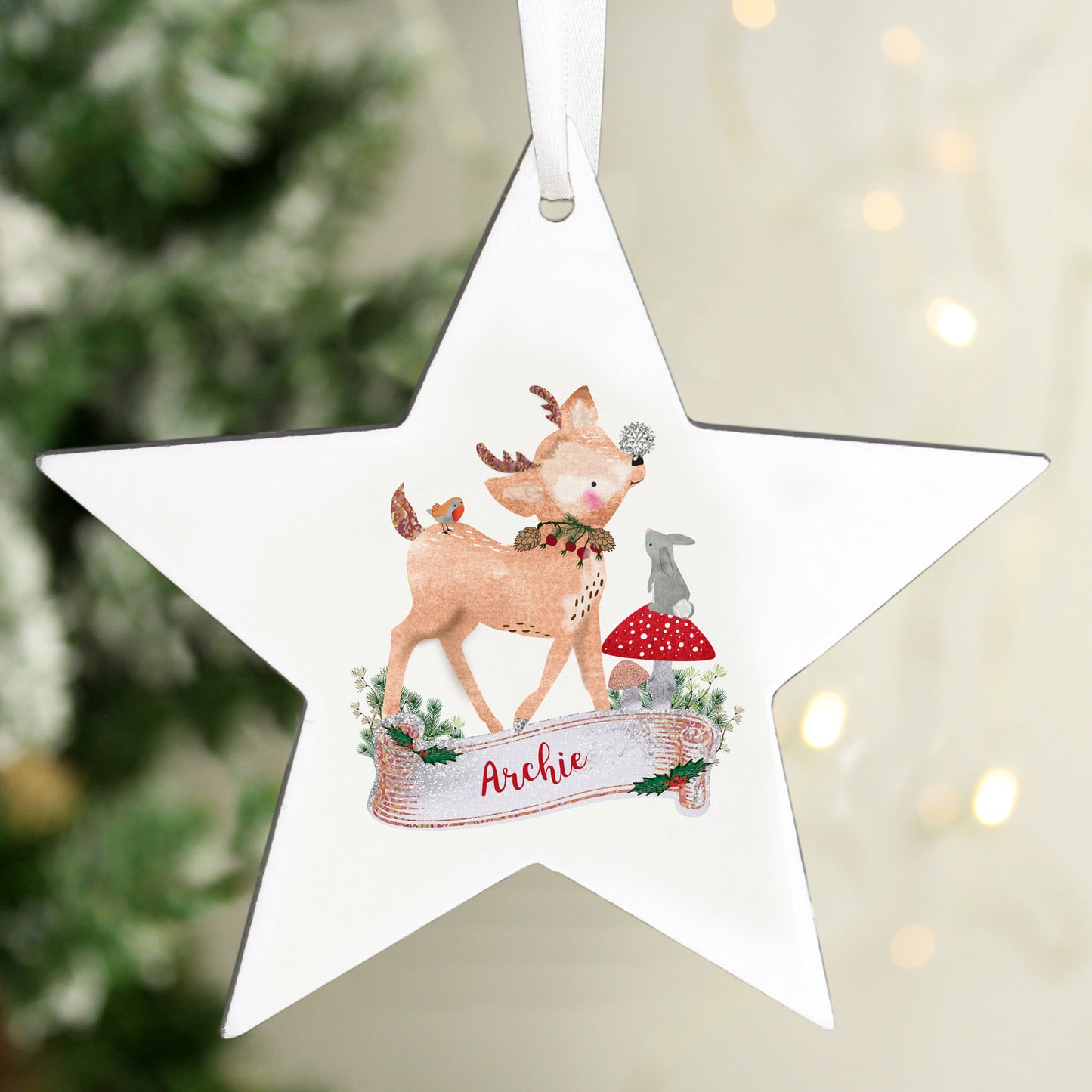 Personalised Festive Fawn Wooden Star Decoration