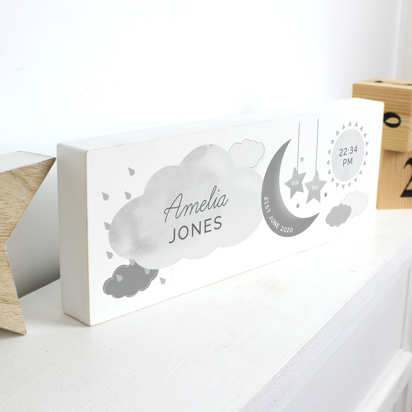 Personalised New Baby Moon & Stars Wooden Block Nursery Sign