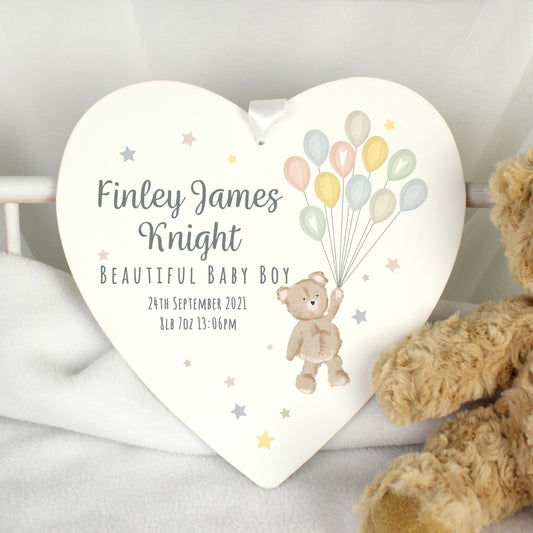 Personalised Teddy & Balloons White Wooden Heart