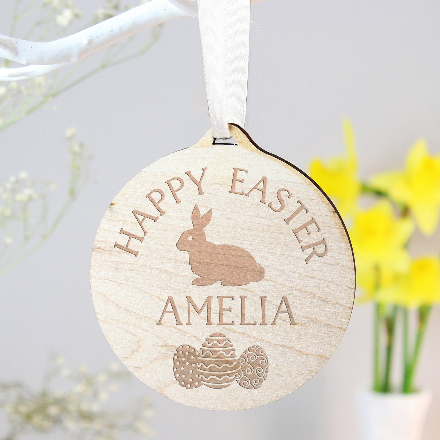 Personalised Easter Bunny Round Wooden Decoration