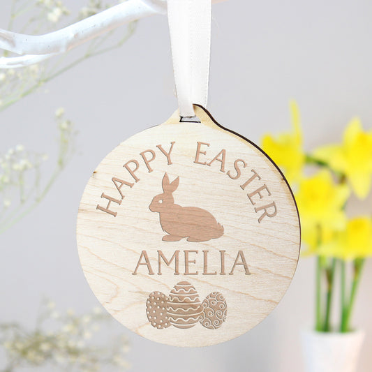 Personalised Easter Bunny Round Wooden Decoration