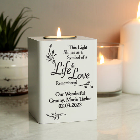 Personalised Life & Love White Wooden Tea Light Holder