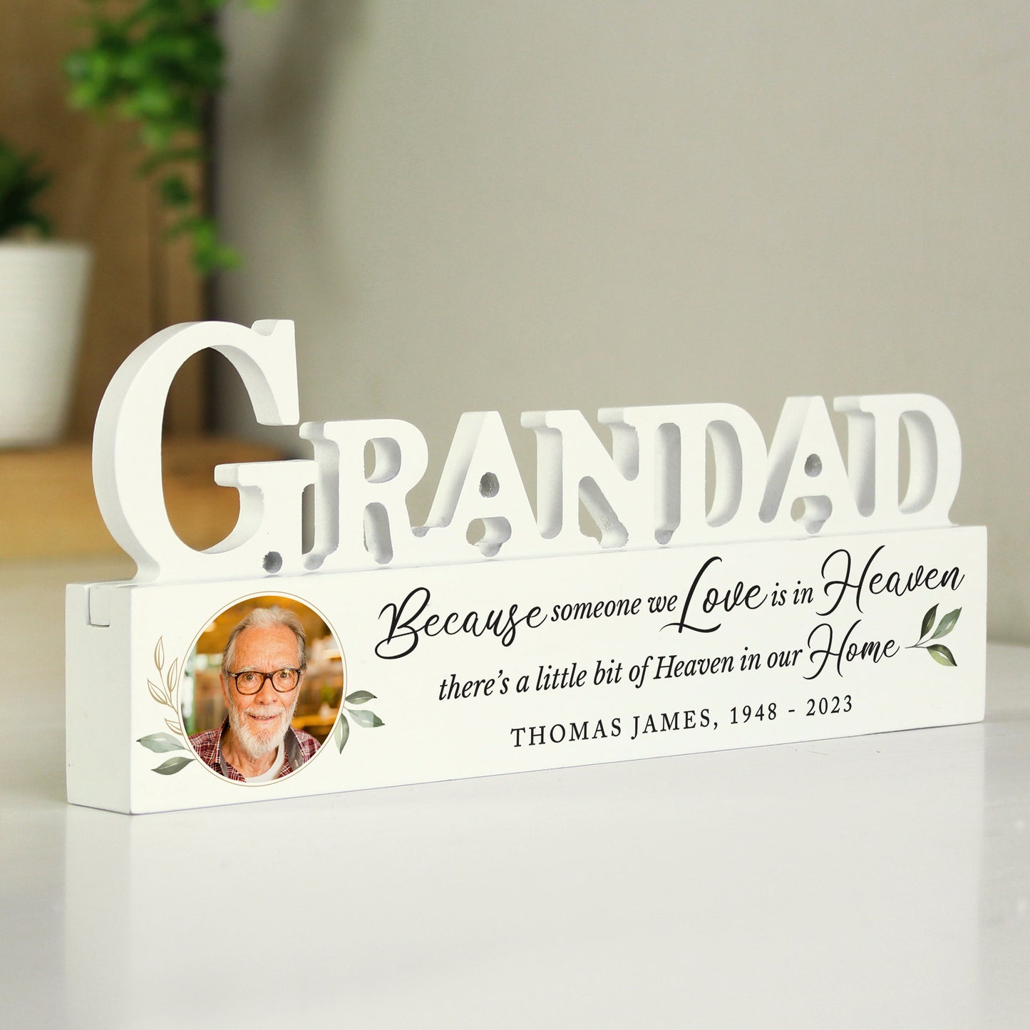 Personalised Botanical Memorial Photo Upload Wooden Grandad Ornament