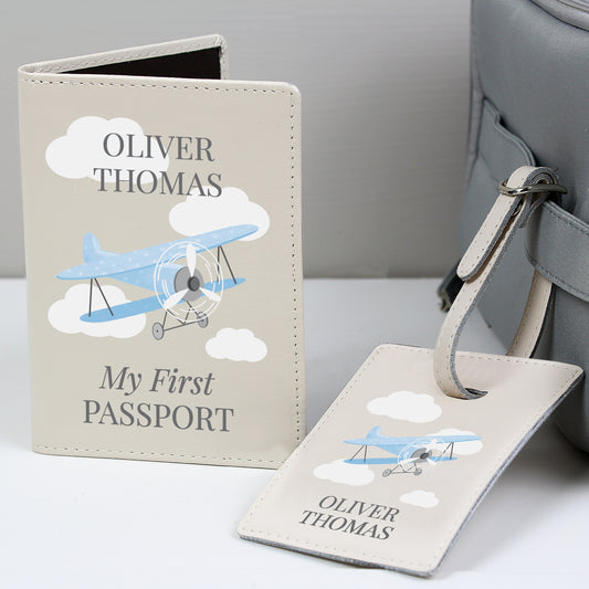 Personalised Blue Plane Passport Holder & Luggage Tag Set