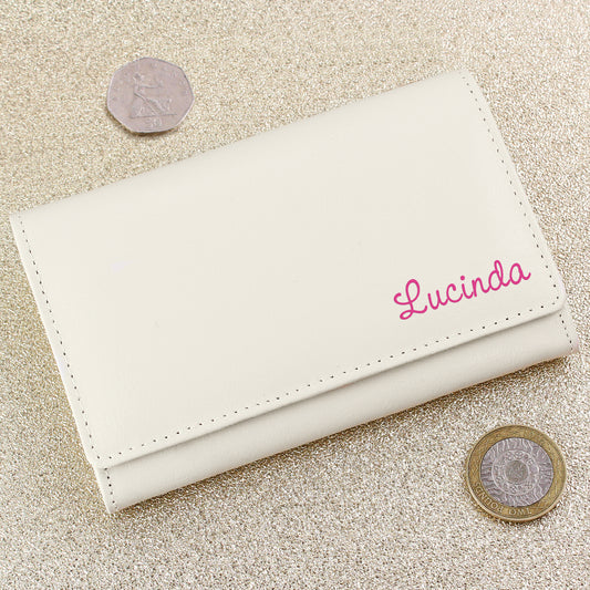 Personalised Pink Name Cream Leather Purse